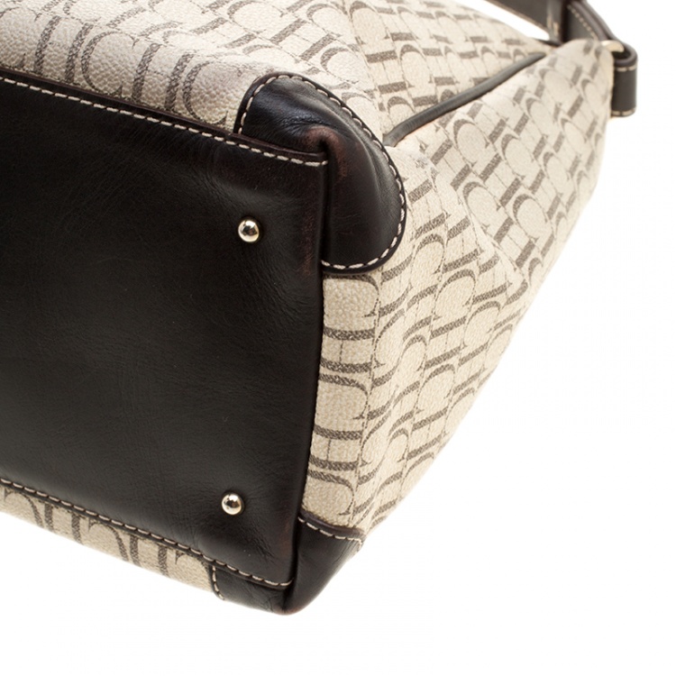 Pre Owned Carolina Herrera Light Beige/Dark Brown Monogram Coated Canvas Hobo