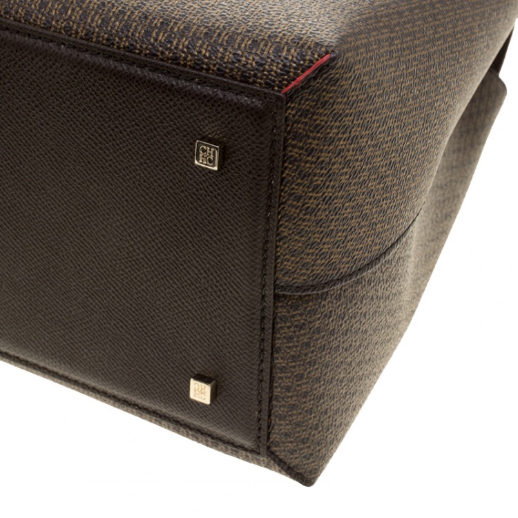 Pre Owned Carolina Herrera Brown/Gold Monogram Coated Canvas and Leather Top Handle Bag