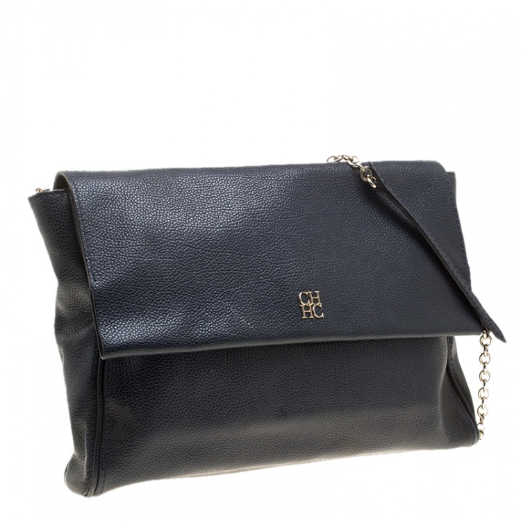 Pre Owned Carolina Herrera Navy Blue Leather Flap Shoulder Bag