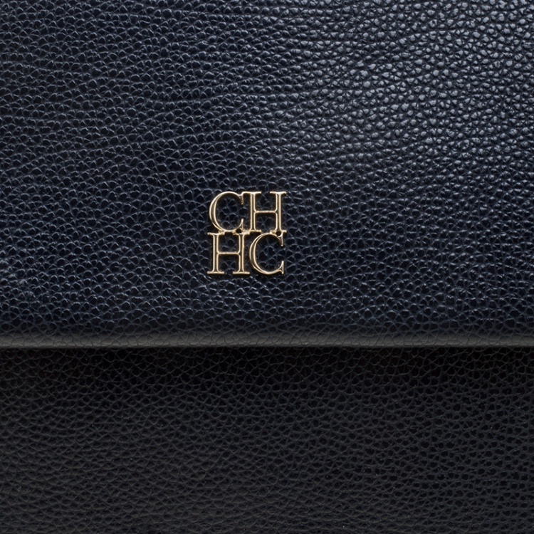 Pre Owned Carolina Herrera Navy Blue Leather Flap Shoulder Bag