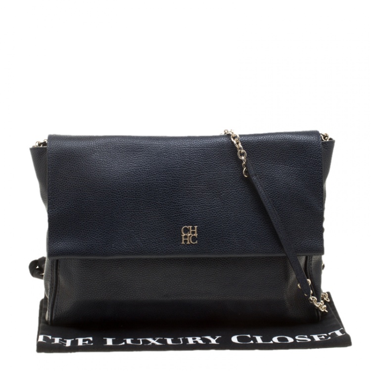 Pre Owned Carolina Herrera Navy Blue Leather Flap Shoulder Bag