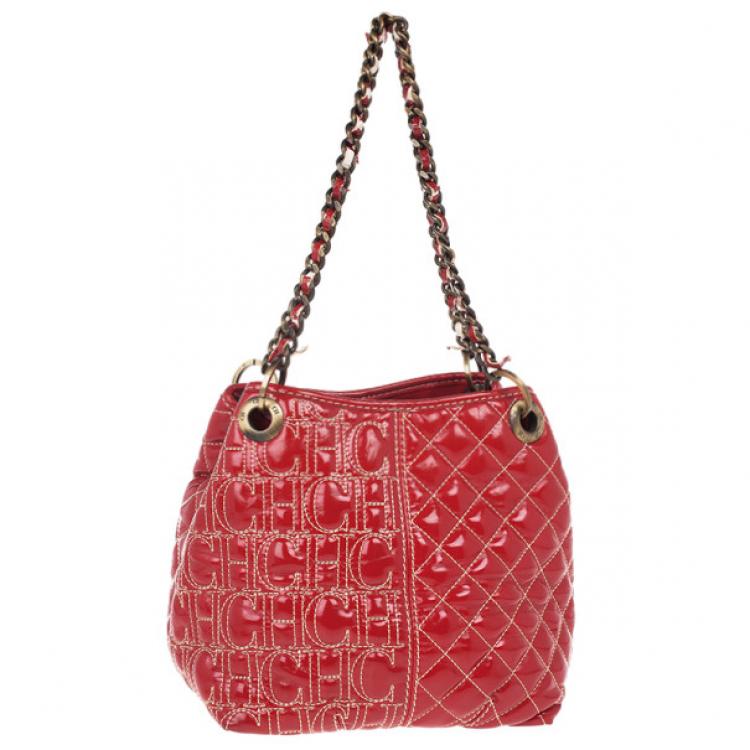 Pre Owned Carolina Herrera Red Quilted Monogram Tote