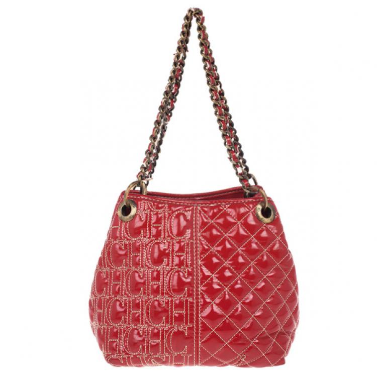 Pre Owned Carolina Herrera Red Quilted Monogram Tote