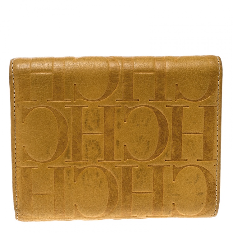 Pre Owned Carolina Herrera Yellow Monogram Compact Wallet