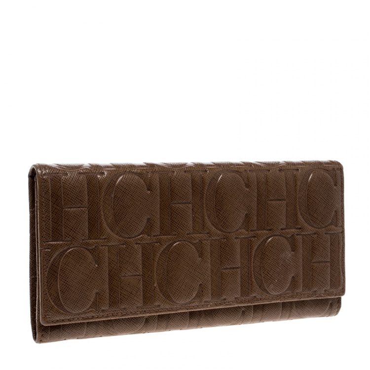 Pre Owned Carolina Herrera Brown Monogram Leather Continental Wallet