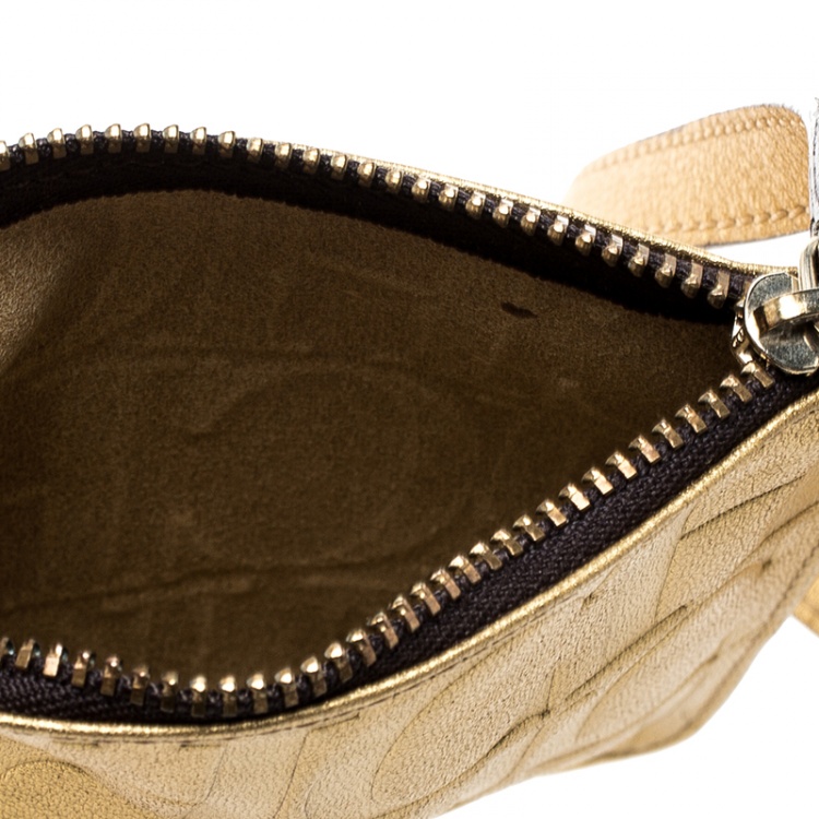 Pre Owned Carolina Herrera Gold Monogram Leather Wristlet Pouch