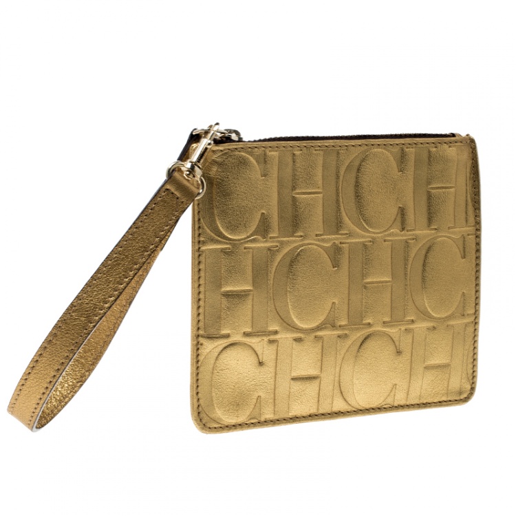 Pre Owned Carolina Herrera Gold Monogram Leather Wristlet Pouch