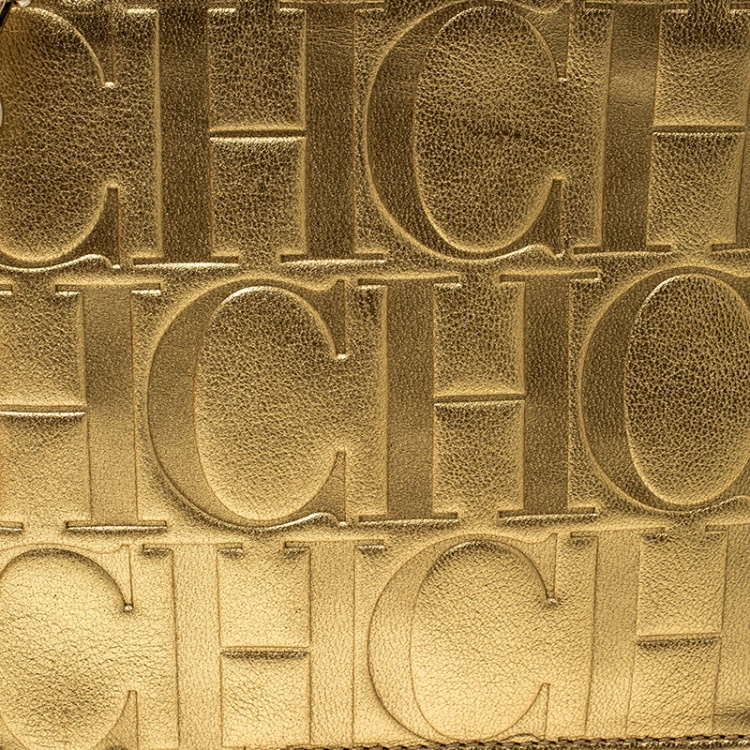 Pre Owned Carolina Herrera Gold Monogram Leather Wristlet Pouch