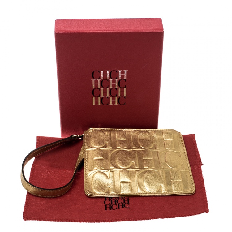 Pre Owned Carolina Herrera Gold Monogram Leather Wristlet Pouch