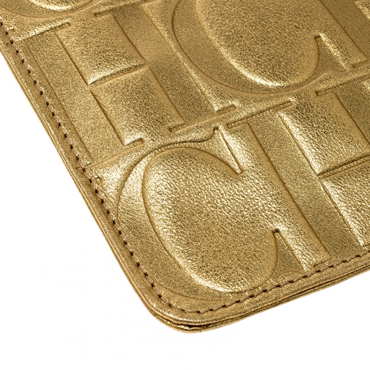 Pre Owned Carolina Herrera Gold Monogram Leather Wristlet Pouch