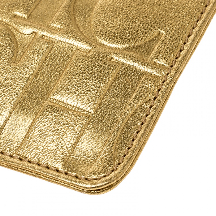 Pre Owned Carolina Herrera Gold Monogram Leather Wristlet Pouch
