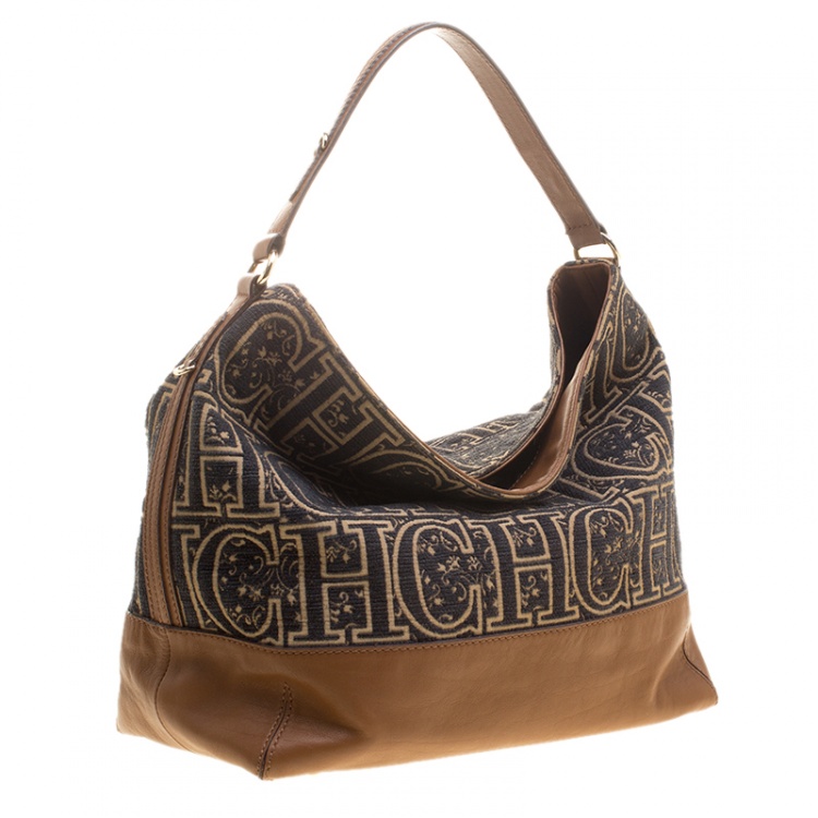مملوكة مسبقًا Carolina Herrera Black/Brown Monogram Wool/Canvas and Leather Hobo
