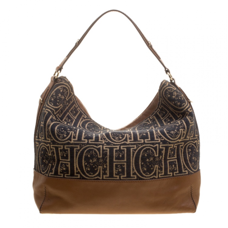 مملوكة مسبقًا Carolina Herrera Black/Brown Monogram Wool/Canvas and Leather Hobo