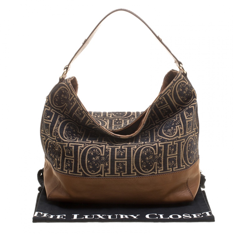 مملوكة مسبقًا Carolina Herrera Black/Brown Monogram Wool/Canvas and Leather Hobo