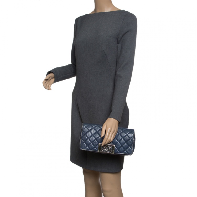 Pre Owned Carolina Herrera Blue Quilted Leather Clutch