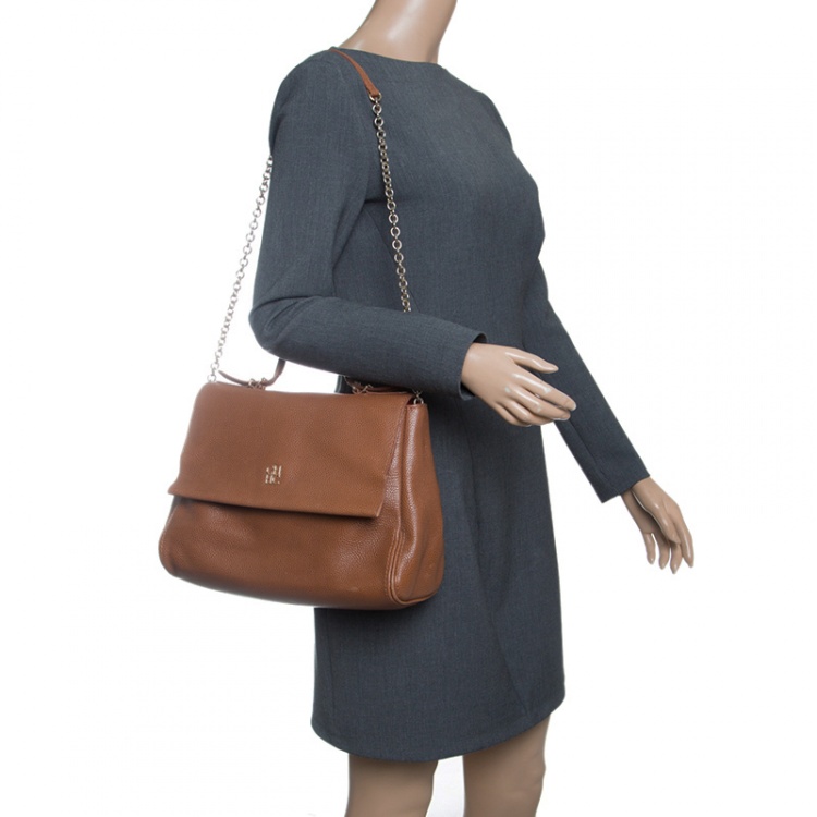 Pre Owned Carolina Herrera Brown Leather Minueto Flap Bag