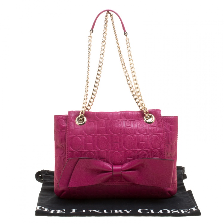 Pre Owned Carolina Herrera Hot Pink Monogram Leather Audrey Shoulder Bag