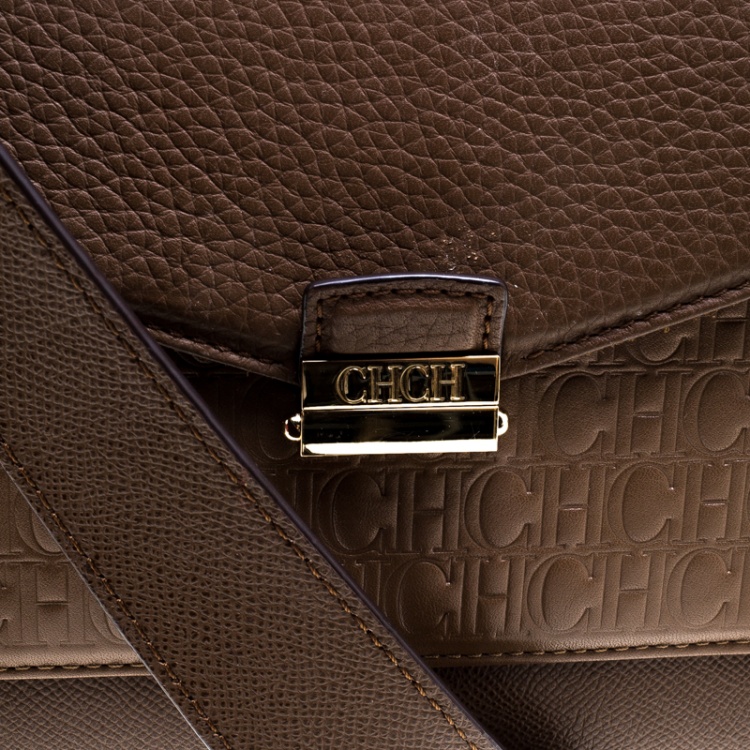 Pre Owned Carolina Herrera Brown Monogram Leather Top Handle Bag
