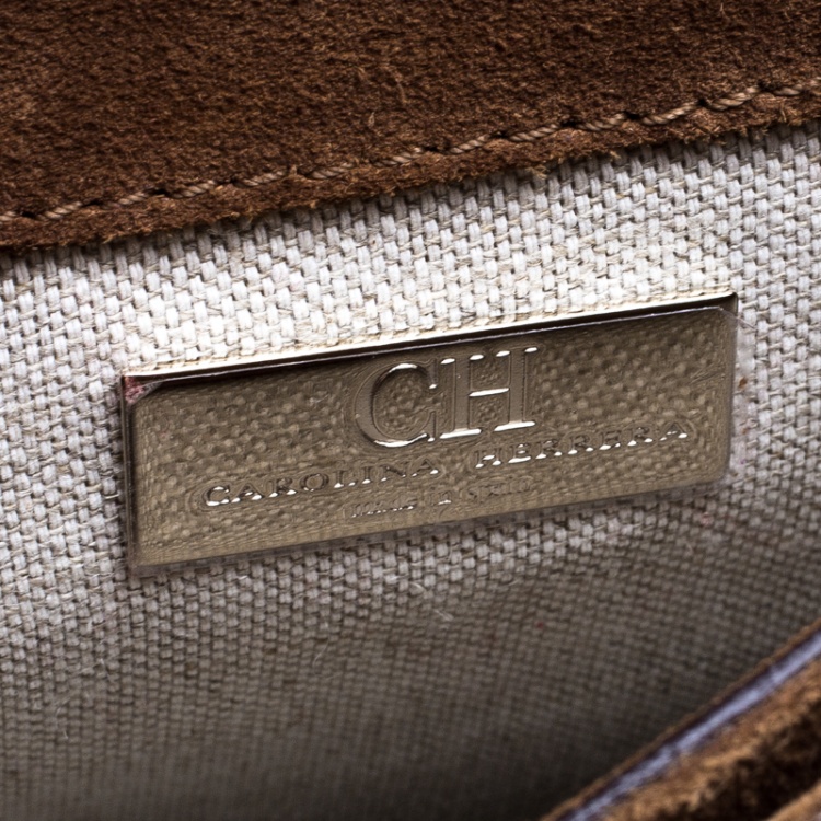 Pre Owned Carolina Herrera Brown Monogram Leather Top Handle Bag