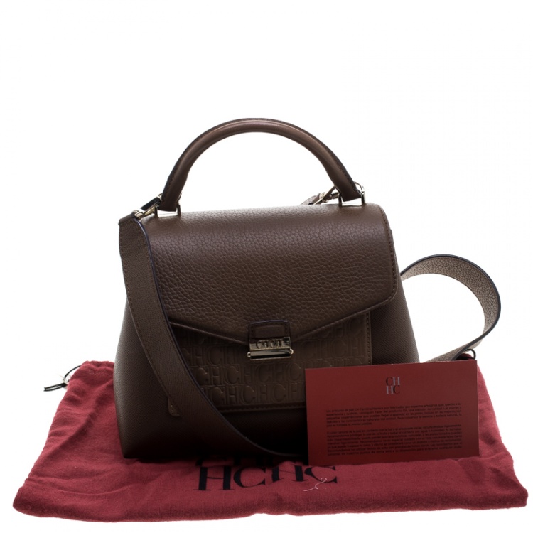 Pre Owned Carolina Herrera Brown Monogram Leather Top Handle Bag