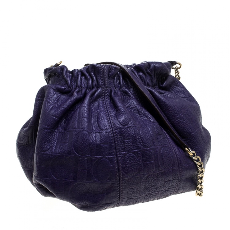 Pre Owned Carolina Herrera Purple Embossed Leather Bucket Shoulder Bag