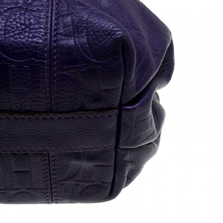 Pre Owned Carolina Herrera Purple Embossed Leather Bucket Shoulder Bag