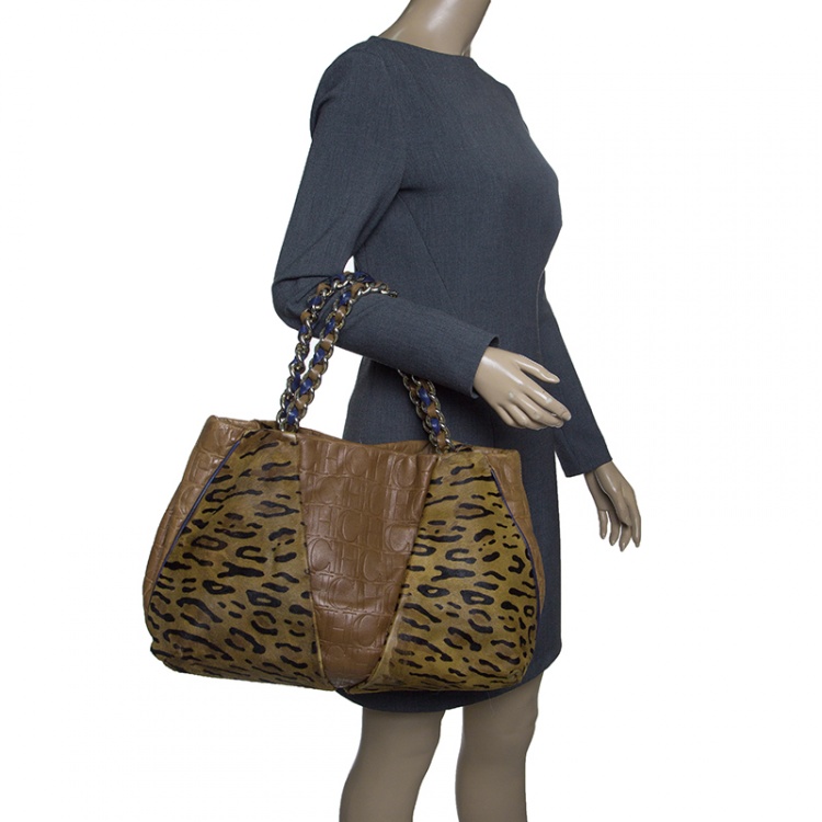 Pre Owned Carolina Herrera Brown Leather and Hair On Tote