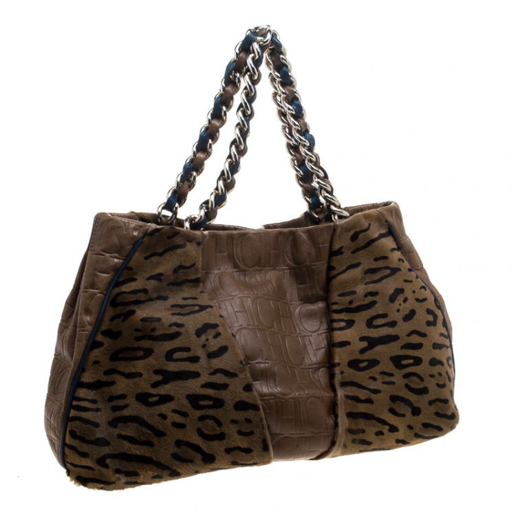 Pre Owned Carolina Herrera Brown Leather and Hair On Tote