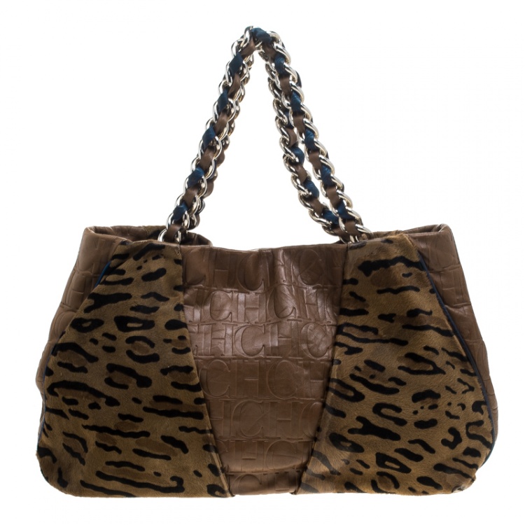 Pre Owned Carolina Herrera Brown Leather and Hair On Tote