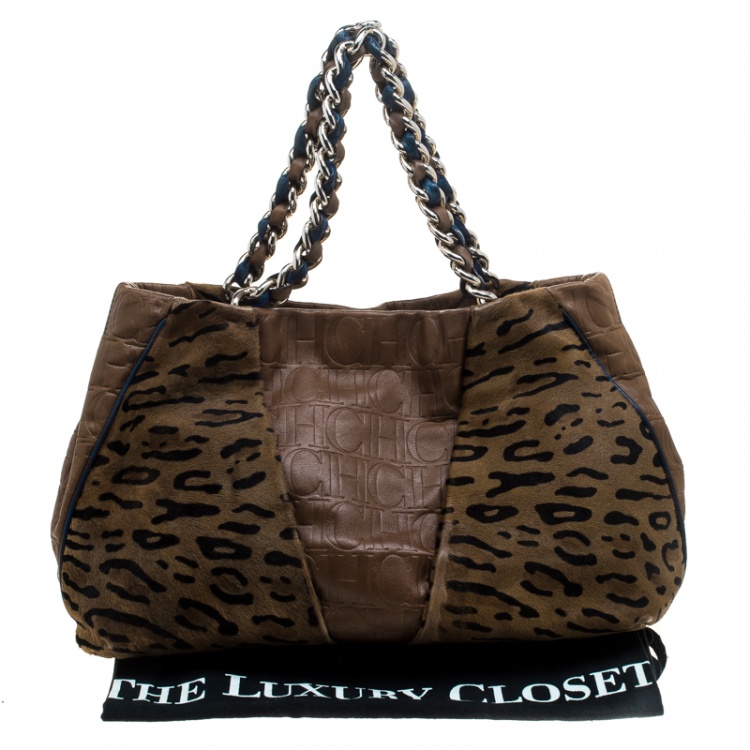 Pre Owned Carolina Herrera Brown Leather and Hair On Tote