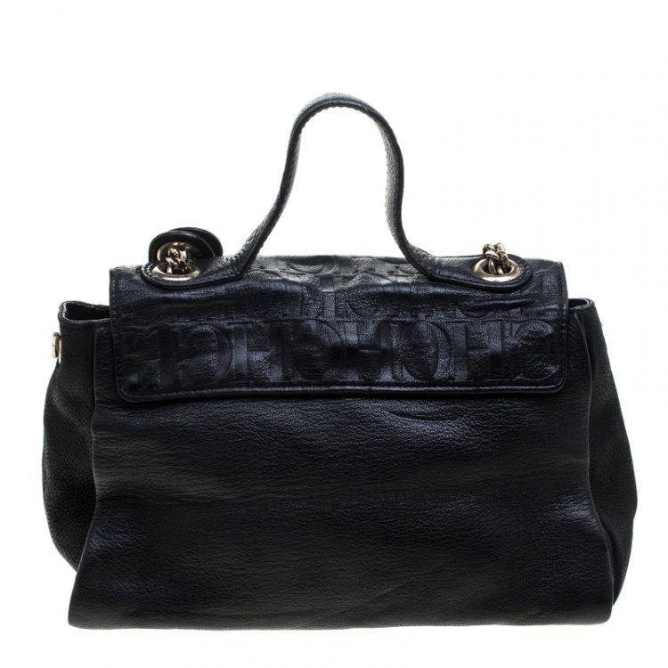 Pre Owned Carolina Herrera Black Leather Top Handle Flap Shoulder Bag