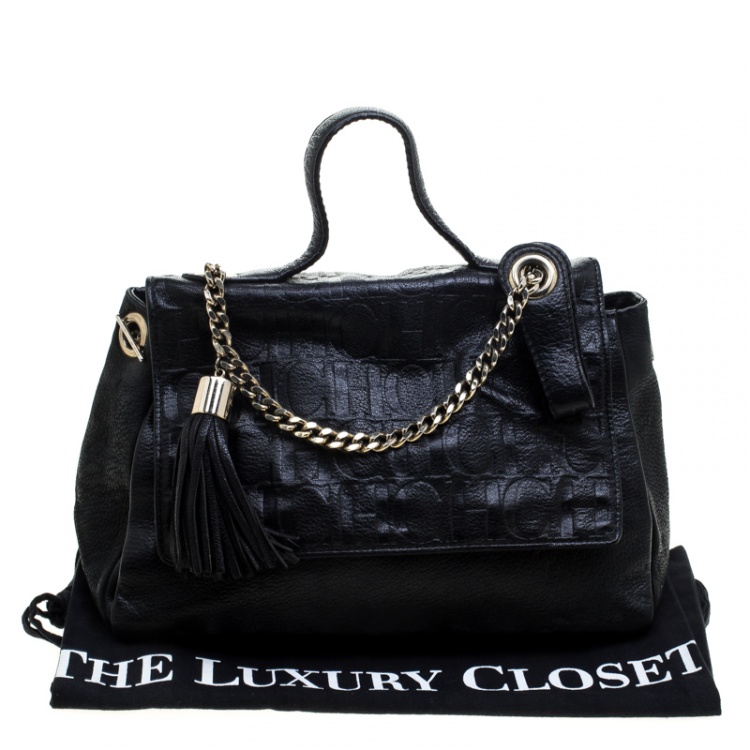 Pre Owned Carolina Herrera Black Leather Top Handle Flap Shoulder Bag