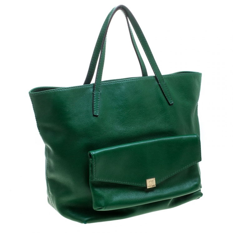 Pre Owned Carolina Herrera Green Leather Envelope Pocket Tote