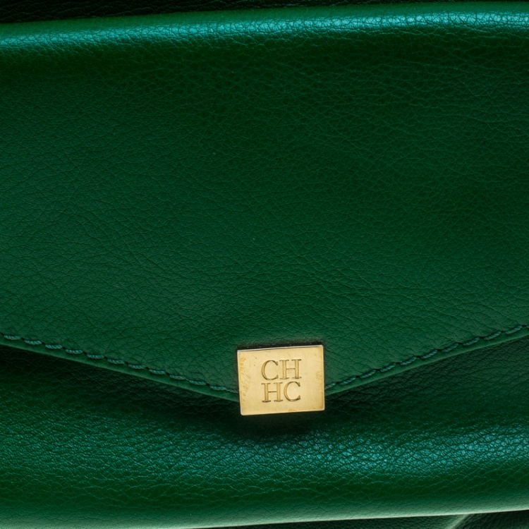 Pre Owned Carolina Herrera Green Leather Envelope Pocket Tote