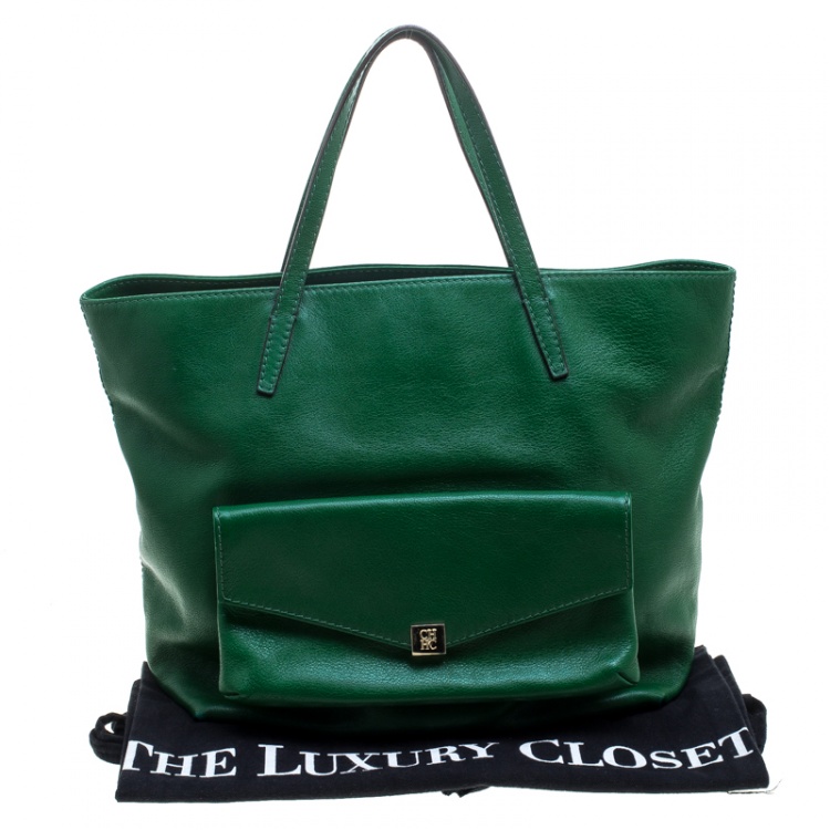 Pre Owned Carolina Herrera Green Leather Envelope Pocket Tote