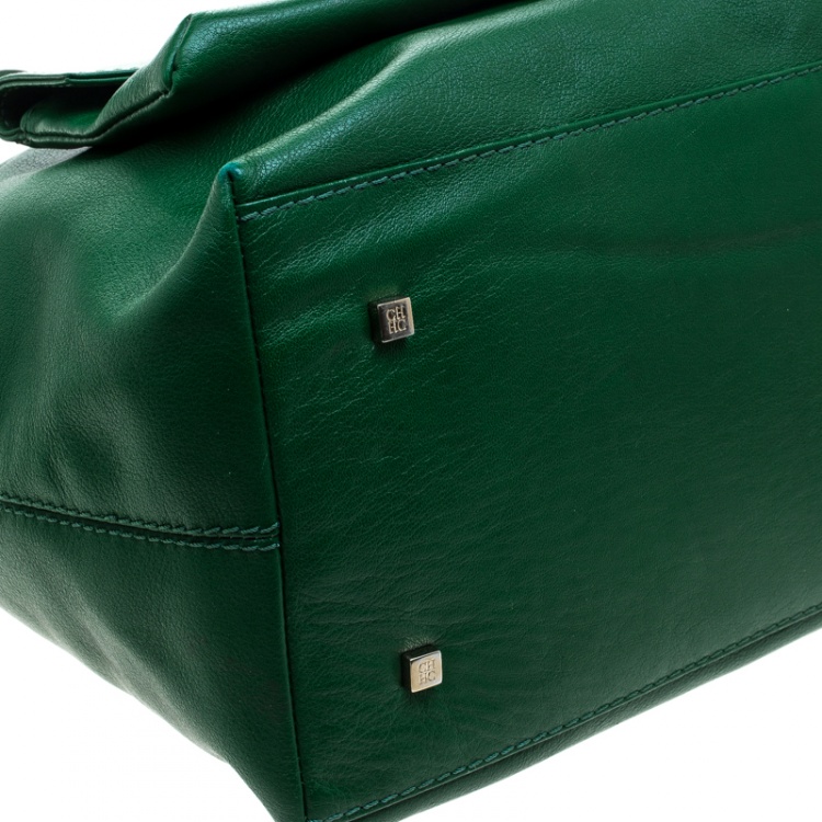 Pre Owned Carolina Herrera Green Leather Envelope Pocket Tote