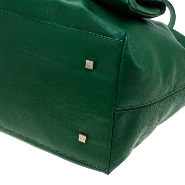 Pre Owned Carolina Herrera Green Leather Envelope Pocket Tote