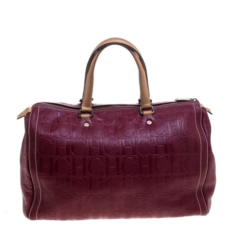 Pre Owned Carolina Herrera Burgundy Monogram Leather Large Andy Boston Bag