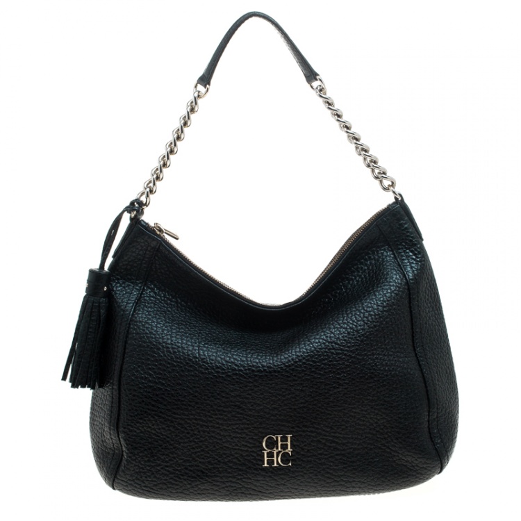 Pre Owned Carolina Herrera Black Pebbled Leather Hobo