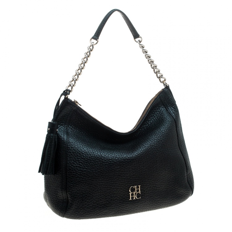 Pre Owned Carolina Herrera Black Pebbled Leather Hobo
