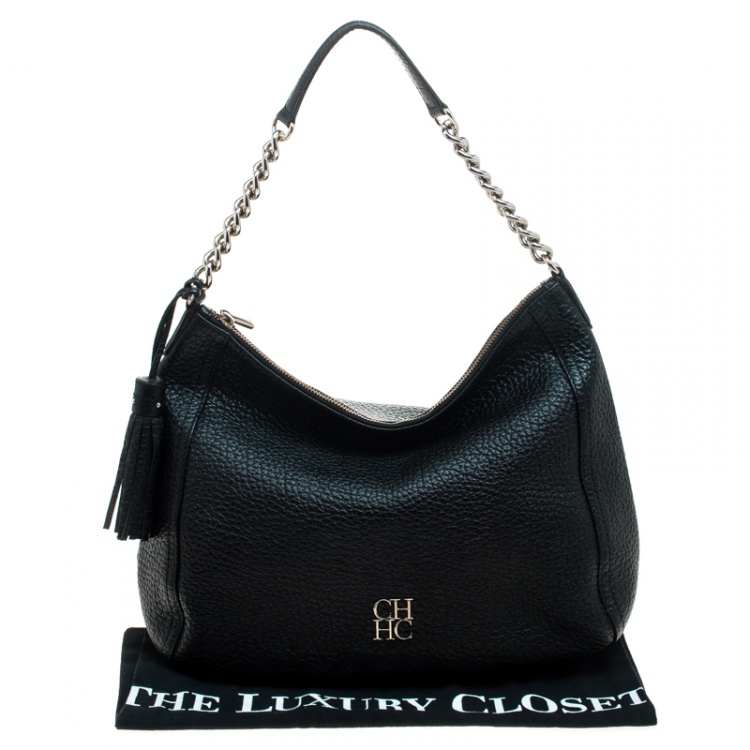 Pre Owned Carolina Herrera Black Pebbled Leather Hobo