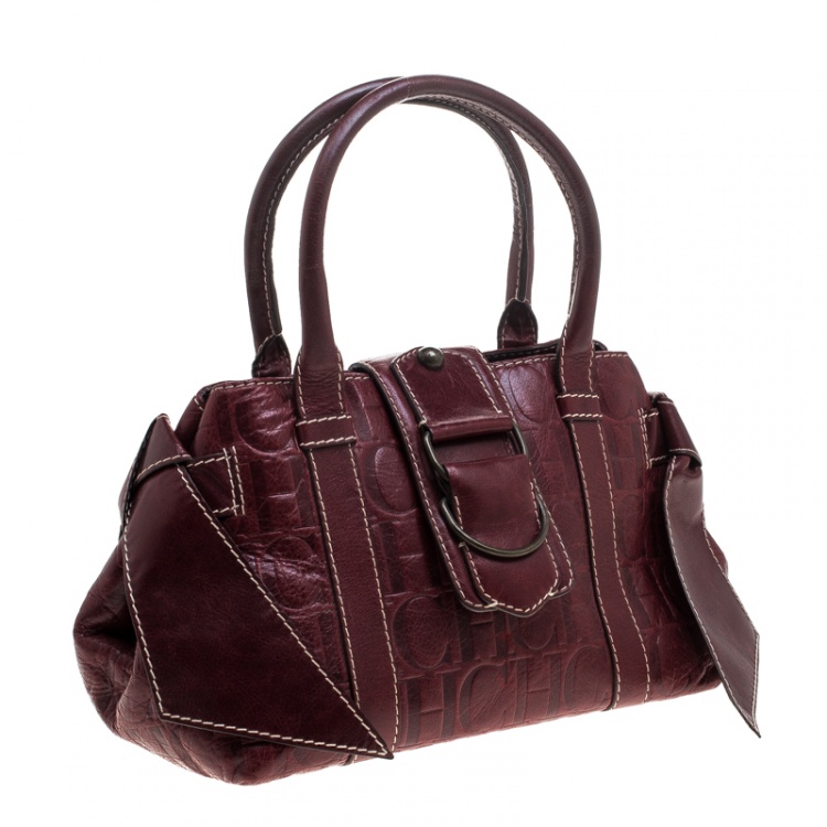 مملوكة مسبقًا Carolina Herrera Dark Red Monogram Leather Bow Satchel