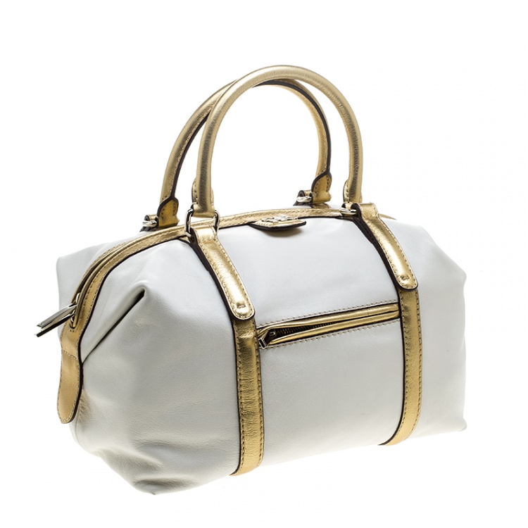Pre Owned Carolina Herrera White/Gold Leather Boston Bag