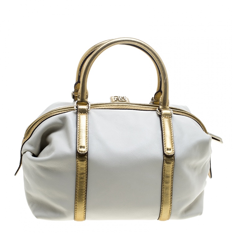 Pre Owned Carolina Herrera White/Gold Leather Boston Bag