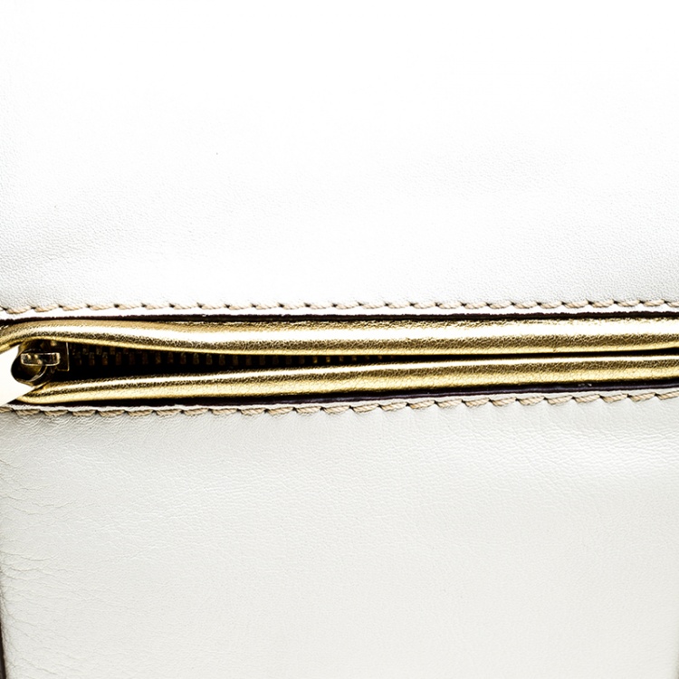 Pre Owned Carolina Herrera White/Gold Leather Boston Bag