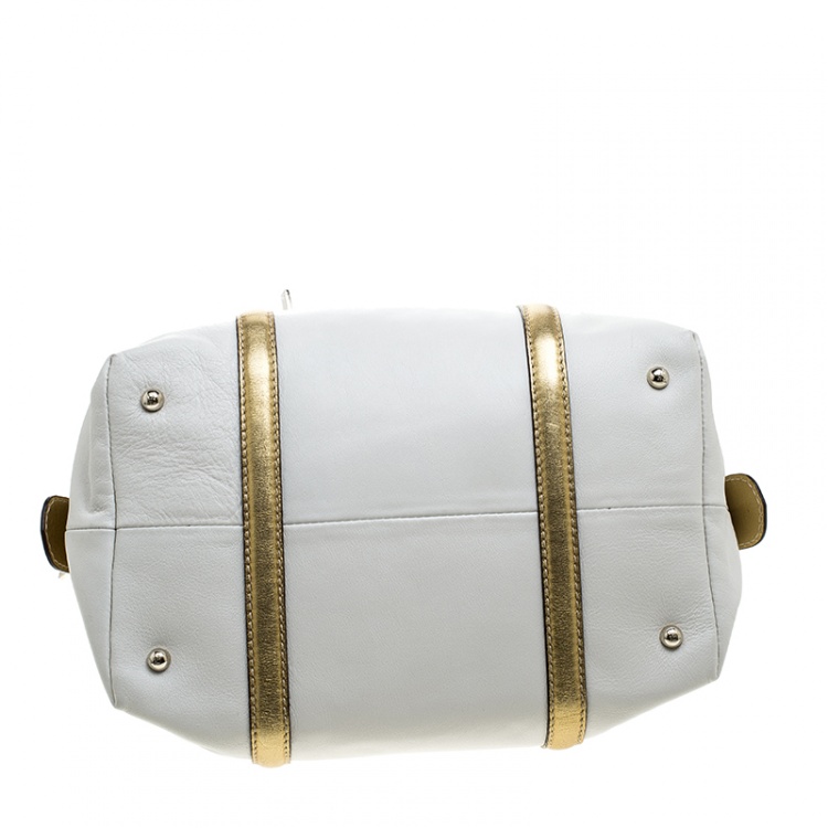 Pre Owned Carolina Herrera White/Gold Leather Boston Bag