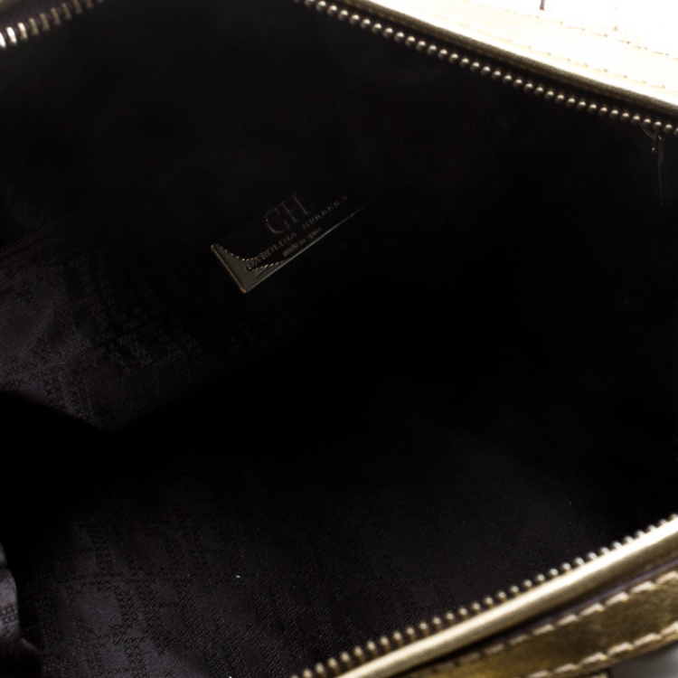 Pre Owned Carolina Herrera White/Gold Leather Boston Bag