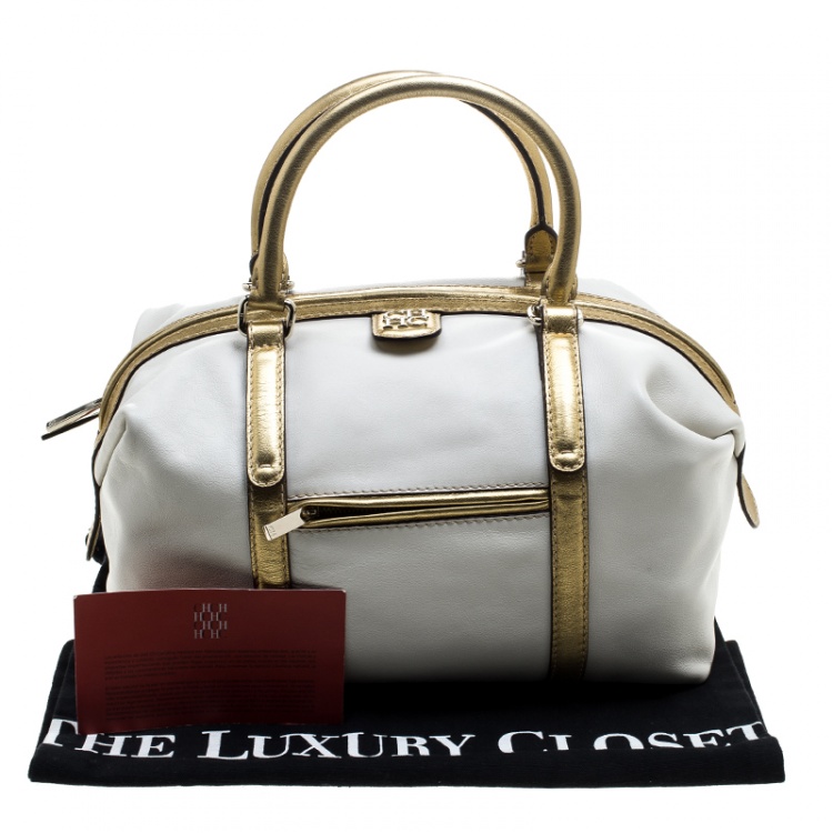 Pre Owned Carolina Herrera White/Gold Leather Boston Bag