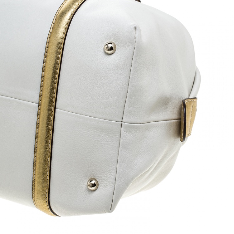 Pre Owned Carolina Herrera White/Gold Leather Boston Bag