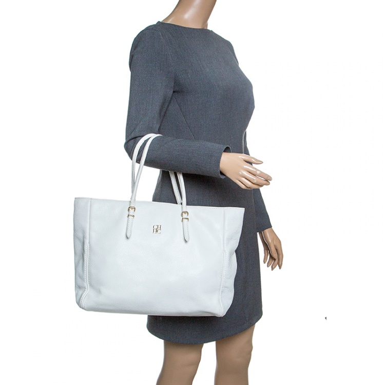 Pre Owned Carolina Herrera White Leather Shopper Tote